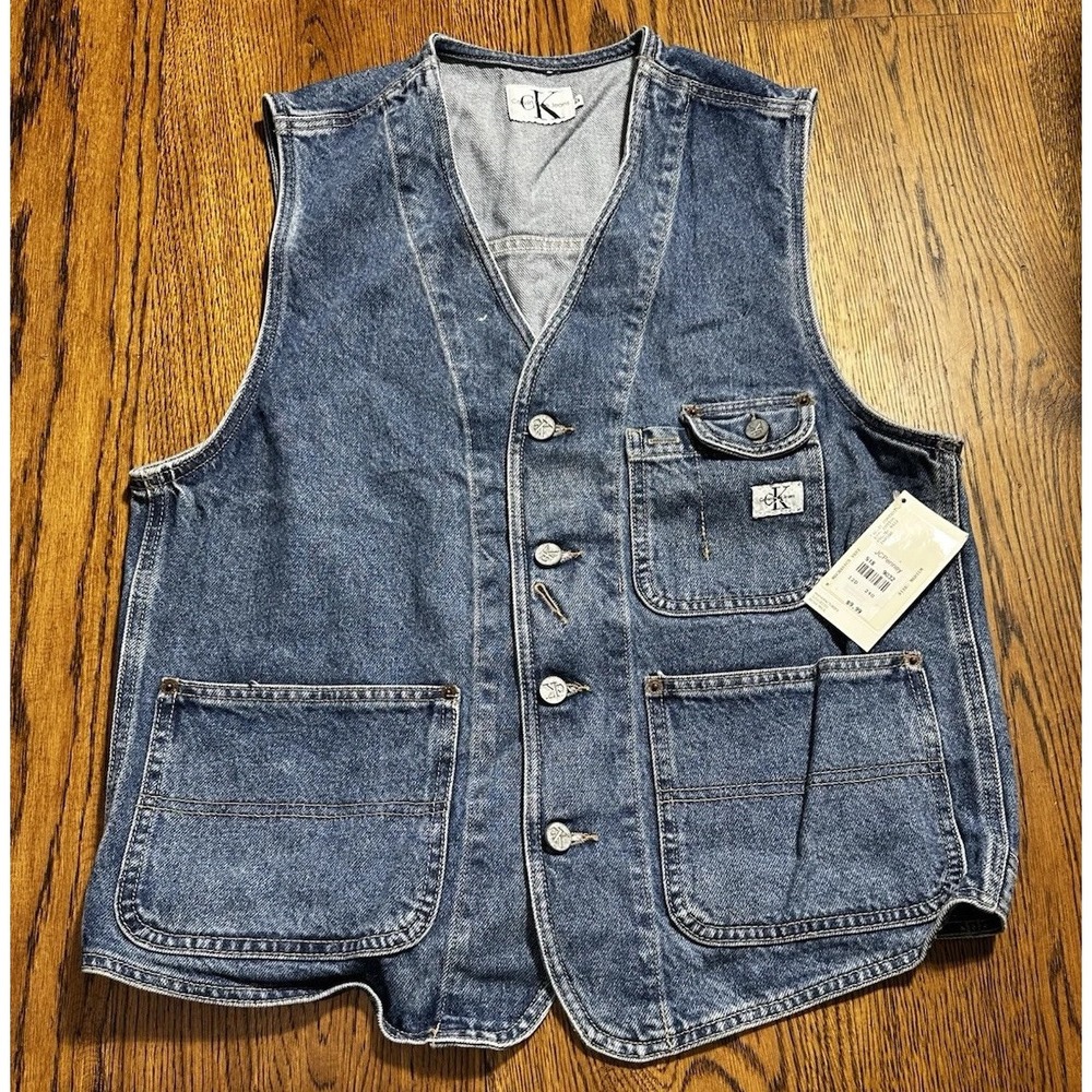 Vintage 90s Calvin Klein CK Made USA Mens Jeans Denim Vest NOS M *READ*
